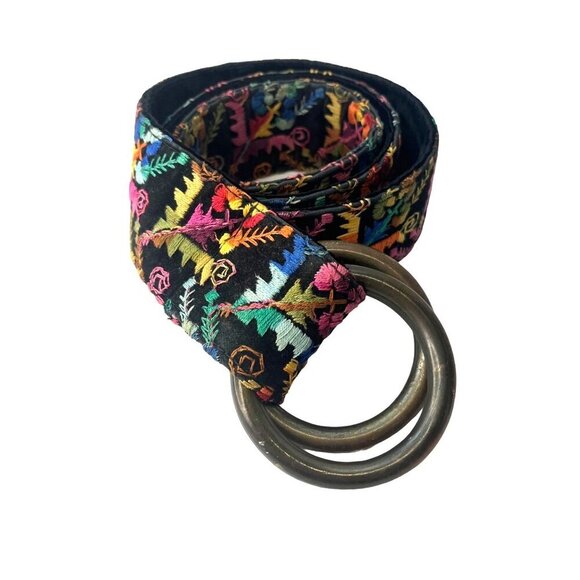 Embroidered Velvet Brass Belt Hippy Boho Groovy Belt Size SMALL 70s 80s Groovy